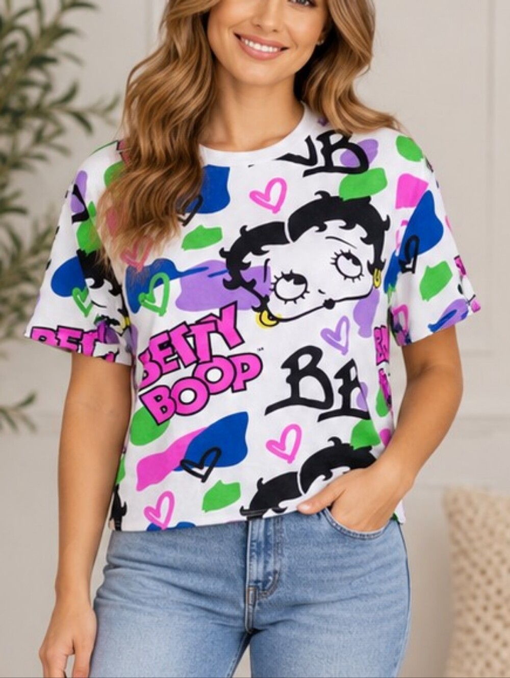 Betty Boop Short Sleeve Graphic Tee in White with Pink, Purple, Blue & Green